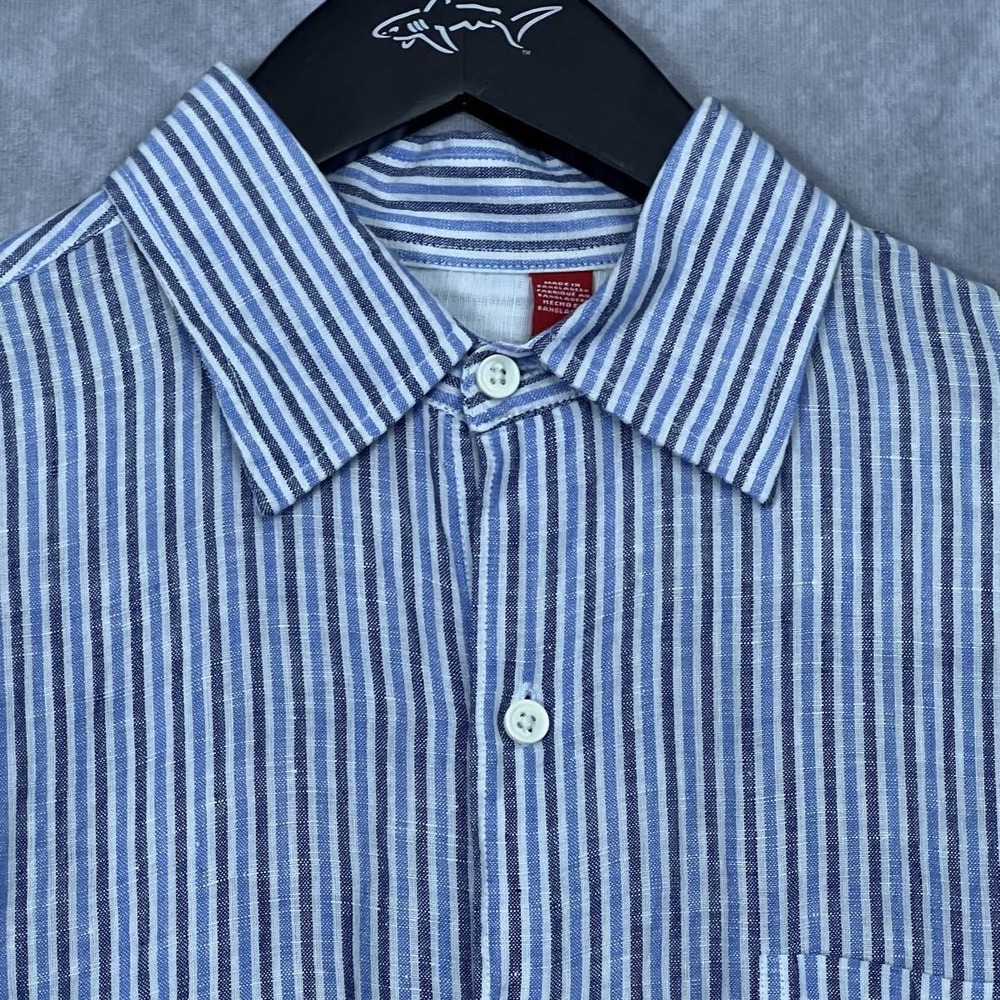 IZOD Mens Small‎ Island Linen Blend Shirt Blue/Gray Striped L/S